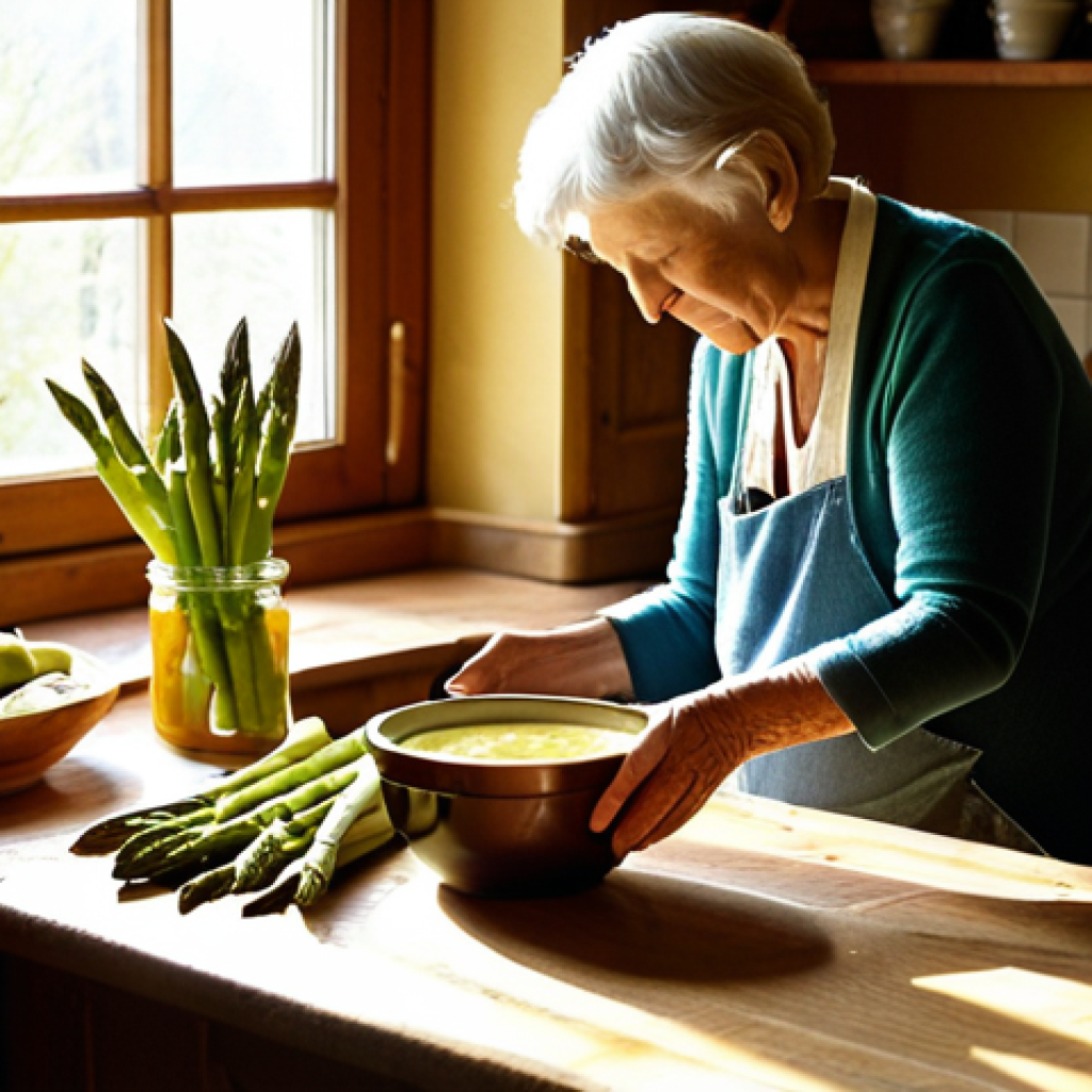 **Image Prompt:** A cozy German kitchen scene. An elderly woman (Oma) is teaching a young child how to make *Spargelcremesuppe* (asparagus cream soup). Fresh green asparagus spears are on the wooden countertop next to a mixing bowl. Sunlight streams through the window, illuminating dust motes. In the background, shelves are lined with jars of homemade *Marmelade* (jam) and pickled vegetables. Warm, inviting, nostalgic. *Gemütlich*.