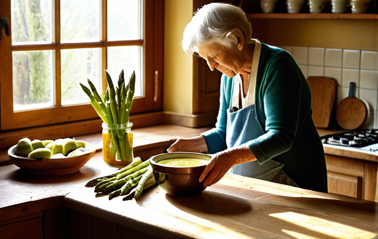 **Image Prompt:** A cozy German kitchen scene. An elderly woman (Oma) is teaching a young child how to make *Spargelcremesuppe* (asparagus cream soup). Fresh green asparagus spears are on the wooden countertop next to a mixing bowl. Sunlight streams through the window, illuminating dust motes. In the background, shelves are lined with jars of homemade *Marmelade* (jam) and pickled vegetables. Warm, inviting, nostalgic. *Gemütlich*.