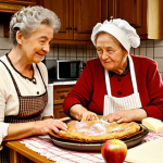 **Image Prompt:** A cozy German kitchen scene. An older woman (Oma) is showing a younger person how to make apple strudel. The hand-written recipe is visible, with notes and stains, suggesting a well-loved family heirloom. Soft, warm lighting.