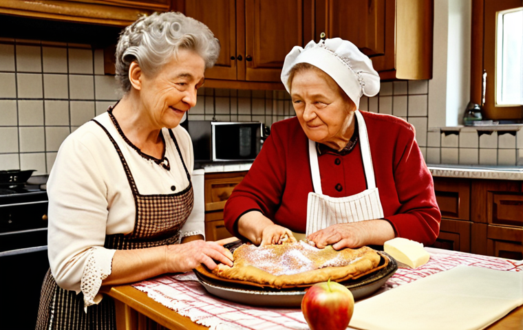 **Image Prompt:** A cozy German kitchen scene. An older woman (Oma) is showing a younger person how to make apple strudel. The hand-written recipe is visible, with notes and stains, suggesting a well-loved family heirloom. Soft, warm lighting.
