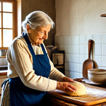 A warm, inviting scene featuring an elderly German grandmother, fully clothed in a modest, traditional apron over comfortable attire. Her well-formed, experienced hands, with correct proportions and proper finger count, are gently kneading dough on an antique wooden cutting board. The setting is a cozy, sunlit rustic kitchen in a traditional German home, bathed in soft natural light from a large window. Vintage kitchen utensils like a ceramic bowl and a well-used rolling pin are visible on the worn wooden countertop. The image conveys a sense of culinary tradition, generational wisdom, and homely warmth. safe for work, appropriate content, fully clothed, family-friendly, perfect anatomy, natural pose, natural body proportions, professional photography, high quality.