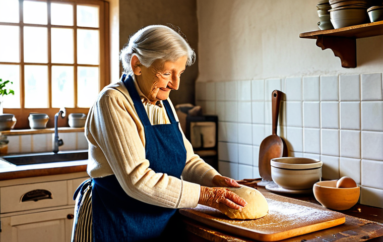 A warm, inviting scene featuring an elderly German grandmother, fully clothed in a modest, traditional apron over comfortable attire. Her well-formed, experienced hands, with correct proportions and proper finger count, are gently kneading dough on an antique wooden cutting board. The setting is a cozy, sunlit rustic kitchen in a traditional German home, bathed in soft natural light from a large window. Vintage kitchen utensils like a ceramic bowl and a well-used rolling pin are visible on the worn wooden countertop. The image conveys a sense of culinary tradition, generational wisdom, and homely warmth. safe for work, appropriate content, fully clothed, family-friendly, perfect anatomy, natural pose, natural body proportions, professional photography, high quality.