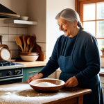 A warm, inviting scene in a cozy, traditional German kitchen. A kind-faced grandmother, with gentle wrinkles and a warm smile, is standing beside a young adult (grandchild), both fully clothed in modest, comfortable home attire. They are collaboratively preparing a traditional German yeast braid ("Hefezopf"), with flour lightly dusting the counter and a vintage wooden mixing bowl visible. Sunlight streams through a window, illuminating handwritten recipe notes on the table. The atmosphere is filled with warmth, shared stories, and the aroma of home baking. safe for work, appropriate content, fully clothed, modest clothing, family-friendly, perfect anatomy, correct proportions, natural pose, well-formed hands, proper finger count, natural body proportions, professional photography, high quality.