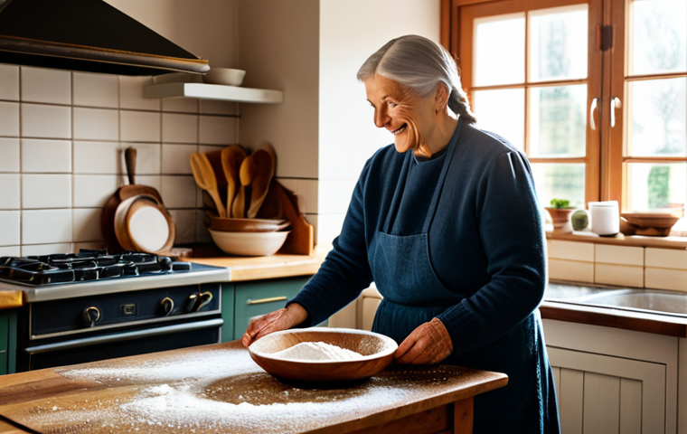 A warm, inviting scene in a cozy, traditional German kitchen. A kind-faced grandmother, with gentle wrinkles and a warm smile, is standing beside a young adult (grandchild), both fully clothed in modest, comfortable home attire. They are collaboratively preparing a traditional German yeast braid ("Hefezopf"), with flour lightly dusting the counter and a vintage wooden mixing bowl visible. Sunlight streams through a window, illuminating handwritten recipe notes on the table. The atmosphere is filled with warmth, shared stories, and the aroma of home baking. safe for work, appropriate content, fully clothed, modest clothing, family-friendly, perfect anatomy, correct proportions, natural pose, well-formed hands, proper finger count, natural body proportions, professional photography, high quality.