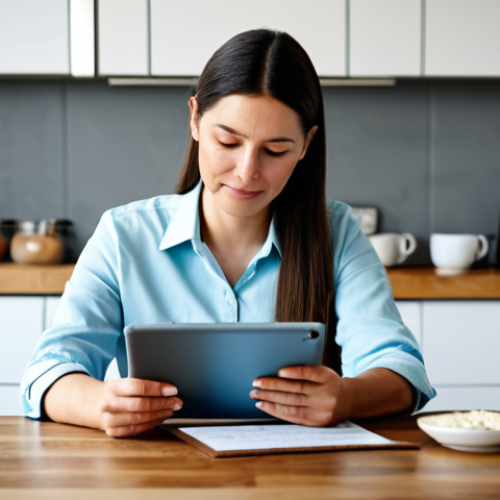 Home 9 A thoughtful woman, fully clothed in a modest, professional-casual blouse, is seated at a clean wooden table in a warm, well-lit modern kitchen. She gently holds a digital tablet displaying a digitized family recipe, showcasing both the scanned handwritten original and clear typed text, while her other hand holds the faded, physical handwritten recipe card. Her expression is reflective, bridging tradition with modern technology. The background is softly blurred, hinting at a home environment. Professional photography, sharp focus on the subject, natural lighting, high detail, perfect anatomy, correct proportions, natural pose, well-formed hands, proper finger count, natural body proportions, safe for work, appropriate content, modest clothing, family-friendly.