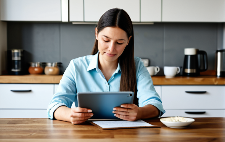 A thoughtful woman, fully clothed in a modest, professional-casual blouse, is seated at a clean wooden table in a warm, well-lit modern kitchen. She gently holds a digital tablet displaying a digitized family recipe, showcasing both the scanned handwritten original and clear typed text, while her other hand holds the faded, physical handwritten recipe card. Her expression is reflective, bridging tradition with modern technology. The background is softly blurred, hinting at a home environment. Professional photography, sharp focus on the subject, natural lighting, high detail, perfect anatomy, correct proportions, natural pose, well-formed hands, proper finger count, natural body proportions, safe for work, appropriate content, modest clothing, family-friendly.