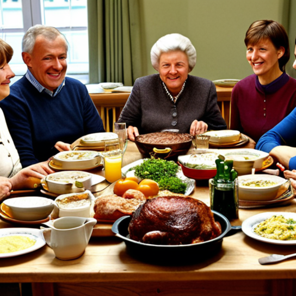 Sunday Roast Tradition**

"A cozy Sunday scene: A multigenerational German family (Oma, parents, children) gathered around a wooden dining table, enjoying a "Sonntagsbraten" (roast). The table is laden with side dishes like "Kn&ouml;del" and "Rotkohl". Warm, inviting lighting, perfect anatomy, natural proportions, fully clothed, appropriate attire, safe for work, family-friendly, professional photography, high quality."

**