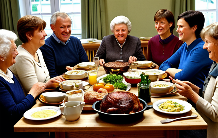Sunday Roast Tradition**

"A cozy Sunday scene: A multigenerational German family (Oma, parents, children) gathered around a wooden dining table, enjoying a "Sonntagsbraten" (roast). The table is laden with side dishes like "Kn&ouml;del" and "Rotkohl". Warm, inviting lighting, perfect anatomy, natural proportions, fully clothed, appropriate attire, safe for work, family-friendly, professional photography, high quality."

**