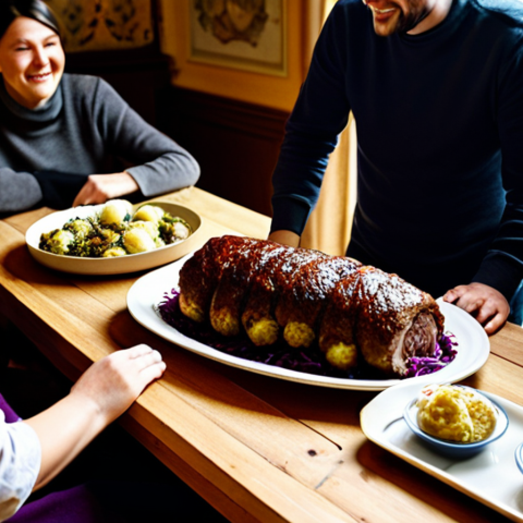 가족 요리 유산의 설화적 가치 - **Sunday Roast Scene:** "A cozy Sunday dinner setting, featuring a perfectly browned Rinderroulade (...