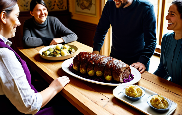 가족 요리 유산의 설화적 가치 - **Sunday Roast Scene:** "A cozy Sunday dinner setting, featuring a perfectly browned Rinderroulade (...