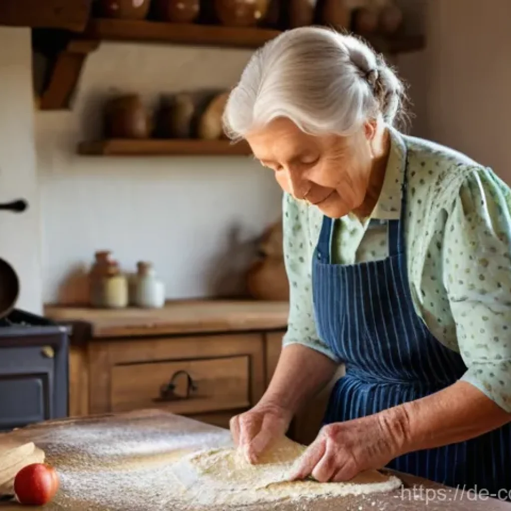 가족 요리 유산 기록의 윤리적 고려사항 - **Prompt:** A heartwarming scene in a rustic, cozy German kitchen. An elderly German "Oma" (grandmot...