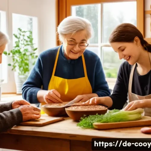 Home 30 가족 요리 유산을 위한 커뮤니티 프로젝트 - A warm, cozy kitchen scene in a traditional German home with three generations of a family cooking t...