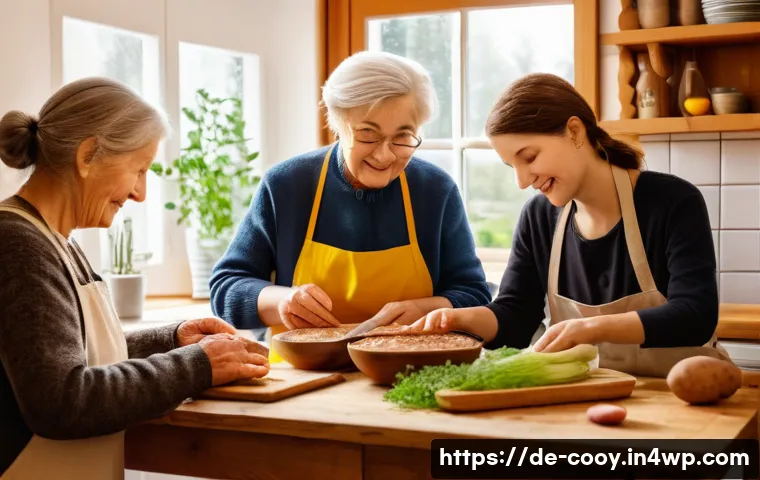 가족 요리 유산을 위한 커뮤니티 프로젝트 - A warm, cozy kitchen scene in a traditional German home with three generations of a family cooking t...