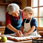 Home 17 가족 요리 유산을 기념하는 블로그 팁 - A warm and cozy German kitchen scene with a grandmother and grandchild baking traditional apple stru...