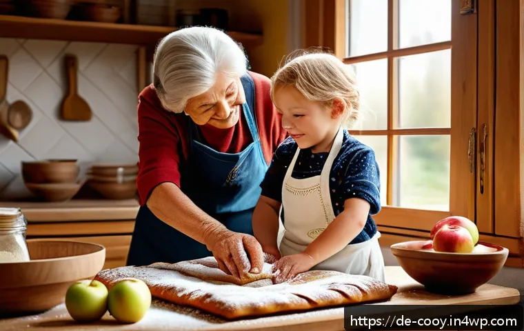 가족 요리 유산을 기념하는 블로그 팁 - A warm and cozy German kitchen scene with a grandmother and grandchild baking traditional apple stru...