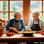 Home 21 가족 요리 유산의 지속 가능성 논의 - A warm, cozy German kitchen scene showing a multi-generational family—grandparents, parents, and chi...