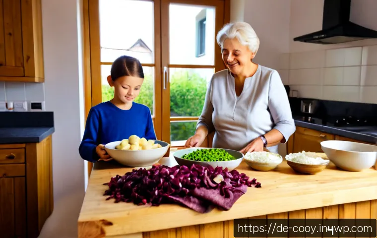 가족 요리의 전통과 현대적 해석 - Photorealistic German family cooking traditional potato dumplings and braised red cabbage together i...